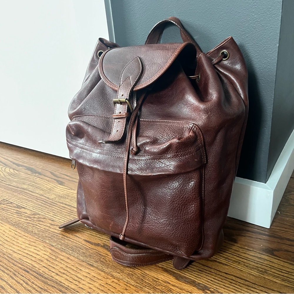 Vintage 90s Genuine Leather Backpack Rucksack Cognac Brown Slouchy Unisex - Picture 2 of 11